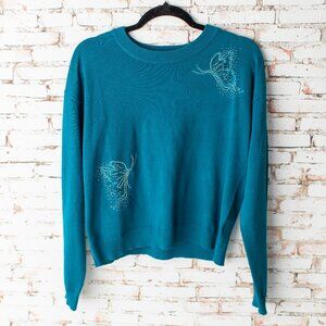 Ligotto Women's Large / XL Teal Sweater Butterfly Rhinestone Embellished Knit